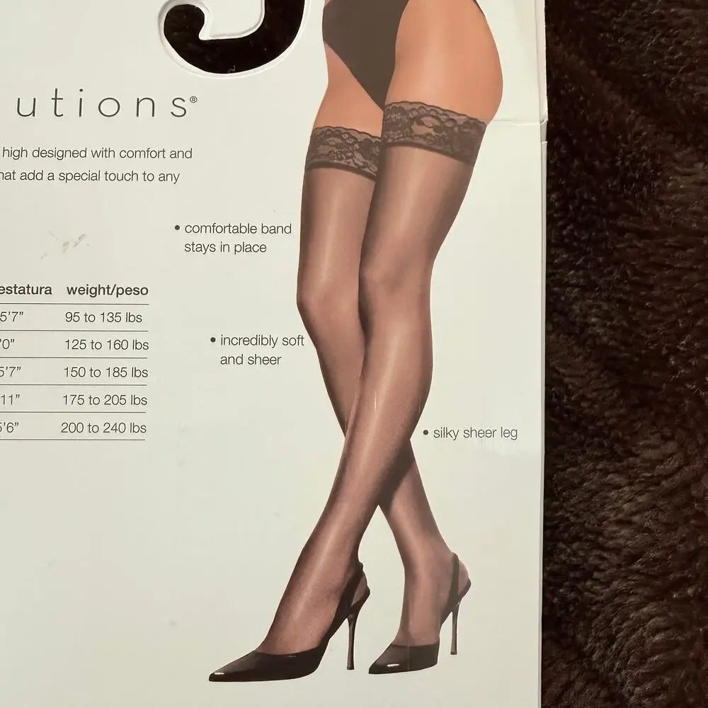 Hanes Solutions Silky Sheer‎ Thigh Highs - Black Lace Top, Size M (NIP)